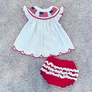 Emma Blake Smocks Red White and Blue Scalloped Smocked Flags and Ruffle Bloomers
